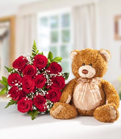 Dozen Red Roses with Teddy Bear